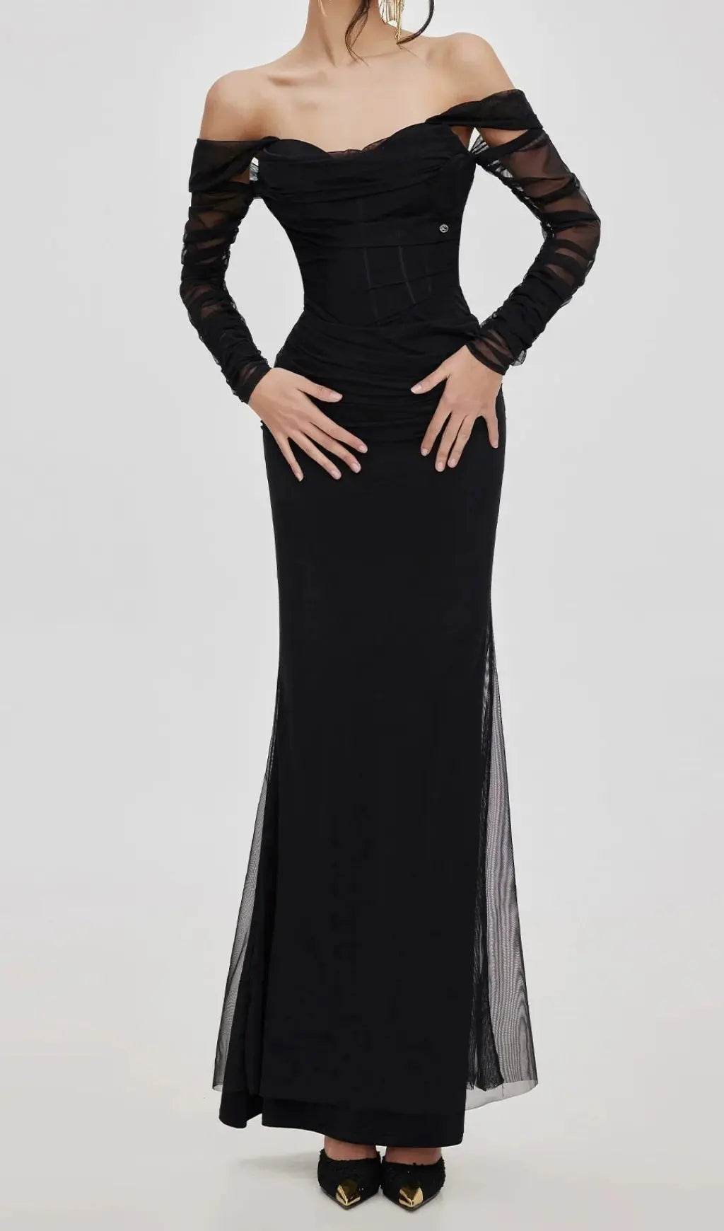 black Mesh Off-Shoulder Maxi Dress