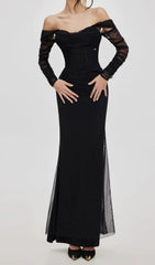 black Mesh Off-Shoulder Maxi Dress