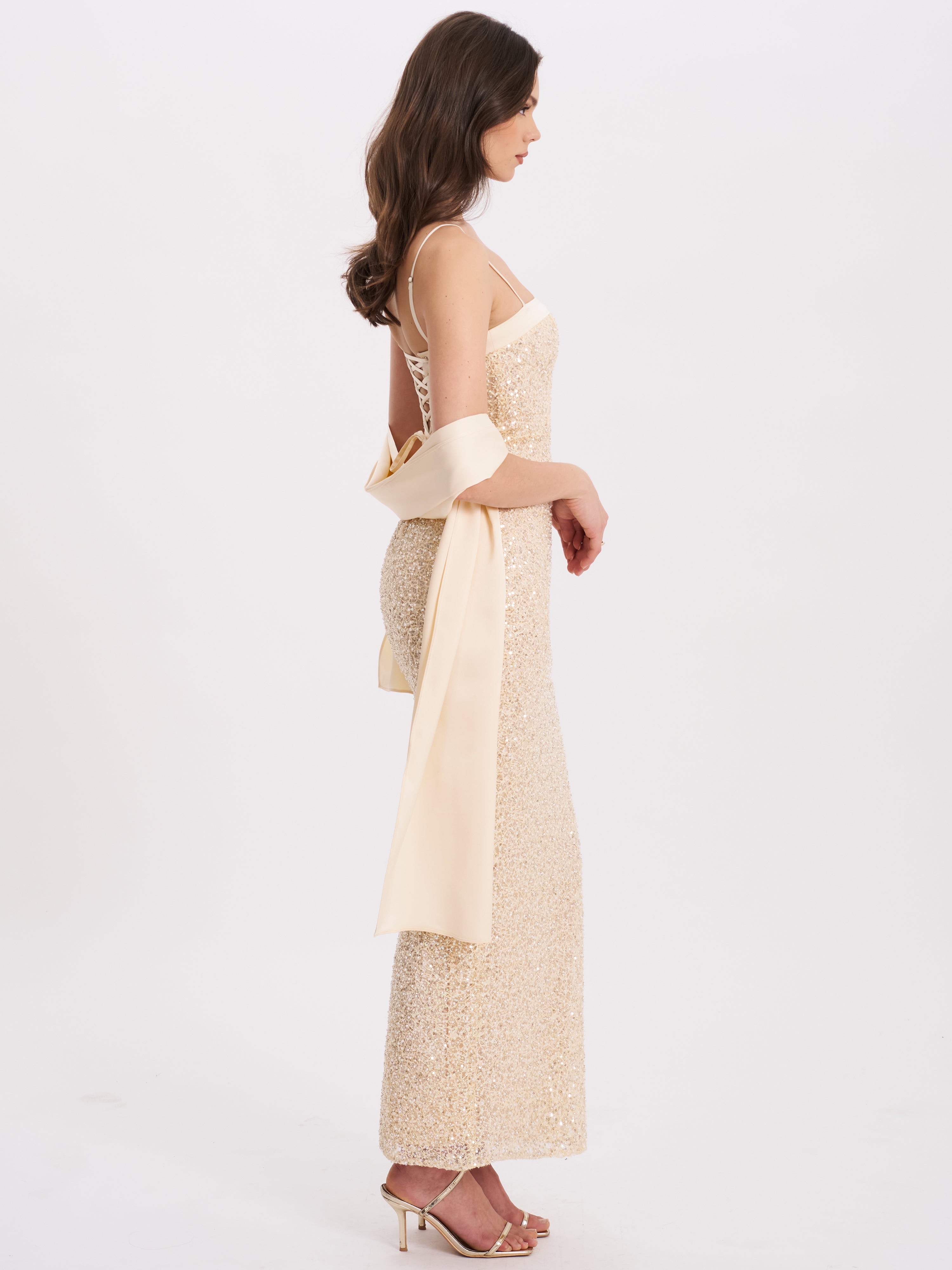 Gold Sequin Bodycon Gown with Scarf