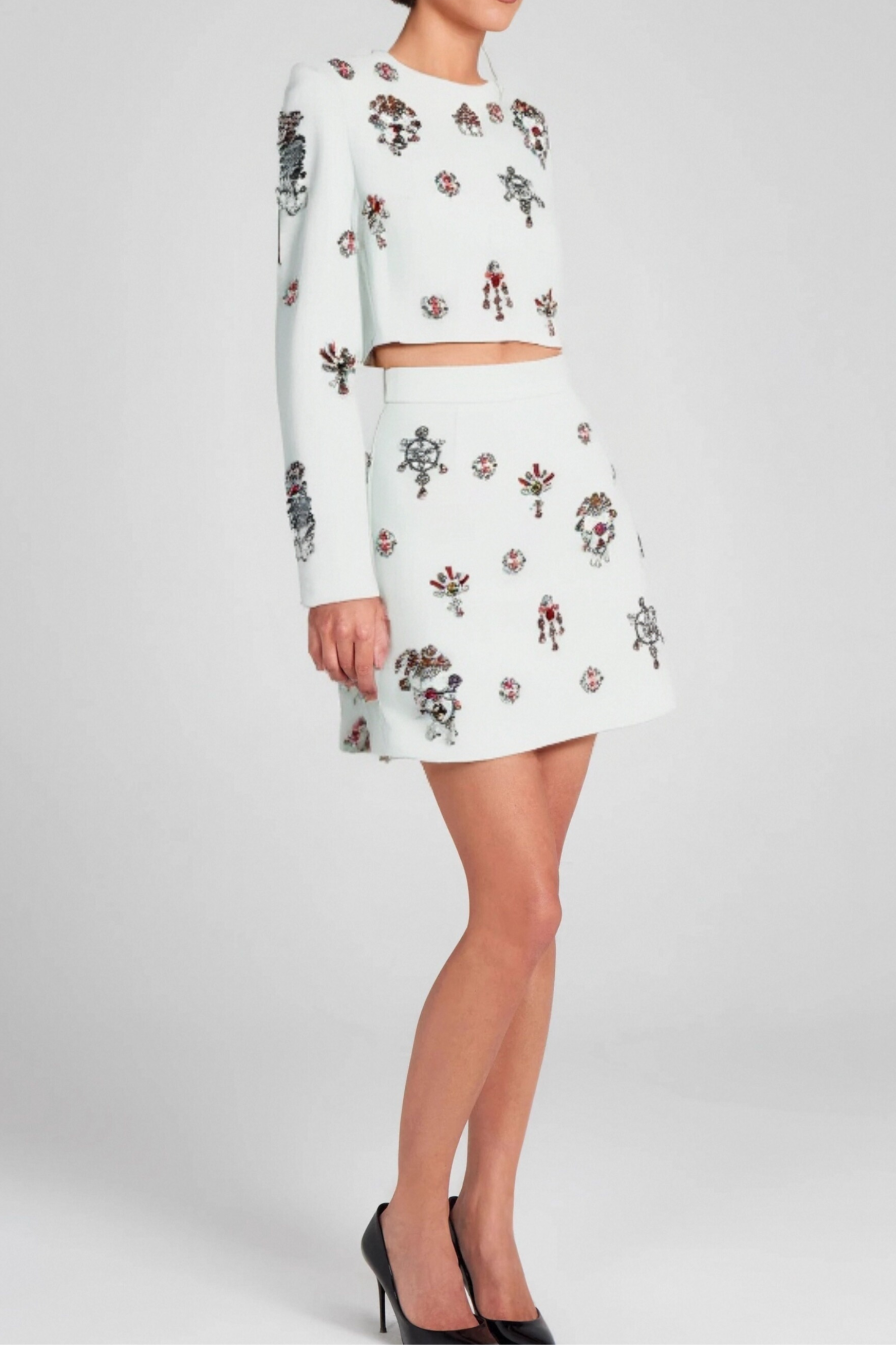 White Rhinestone Embellished Skirt Set