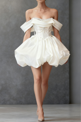 White Satin Off Shoulder Mini Dress