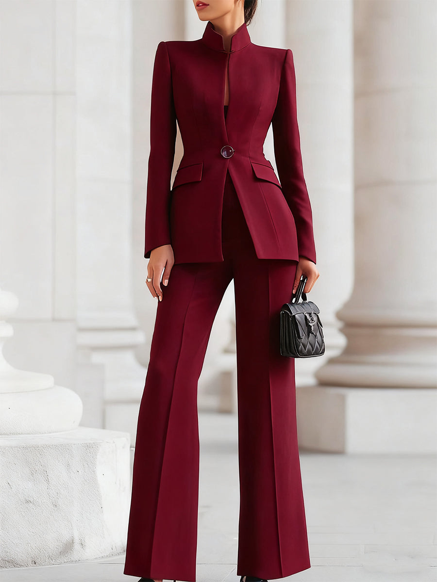 High-Collar Blazer & Wide-Leg Trousers Set