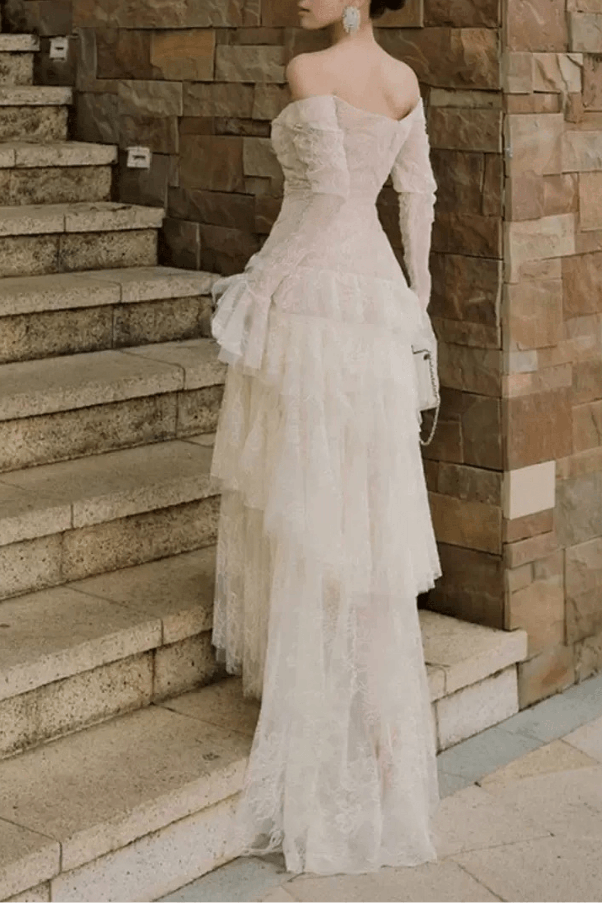White Lace Off Shoulder Long Sleeve Ruffle Maxi Dress