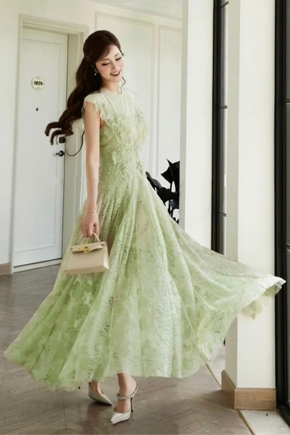 Lace Flower Embellished Maxi Dress in Green