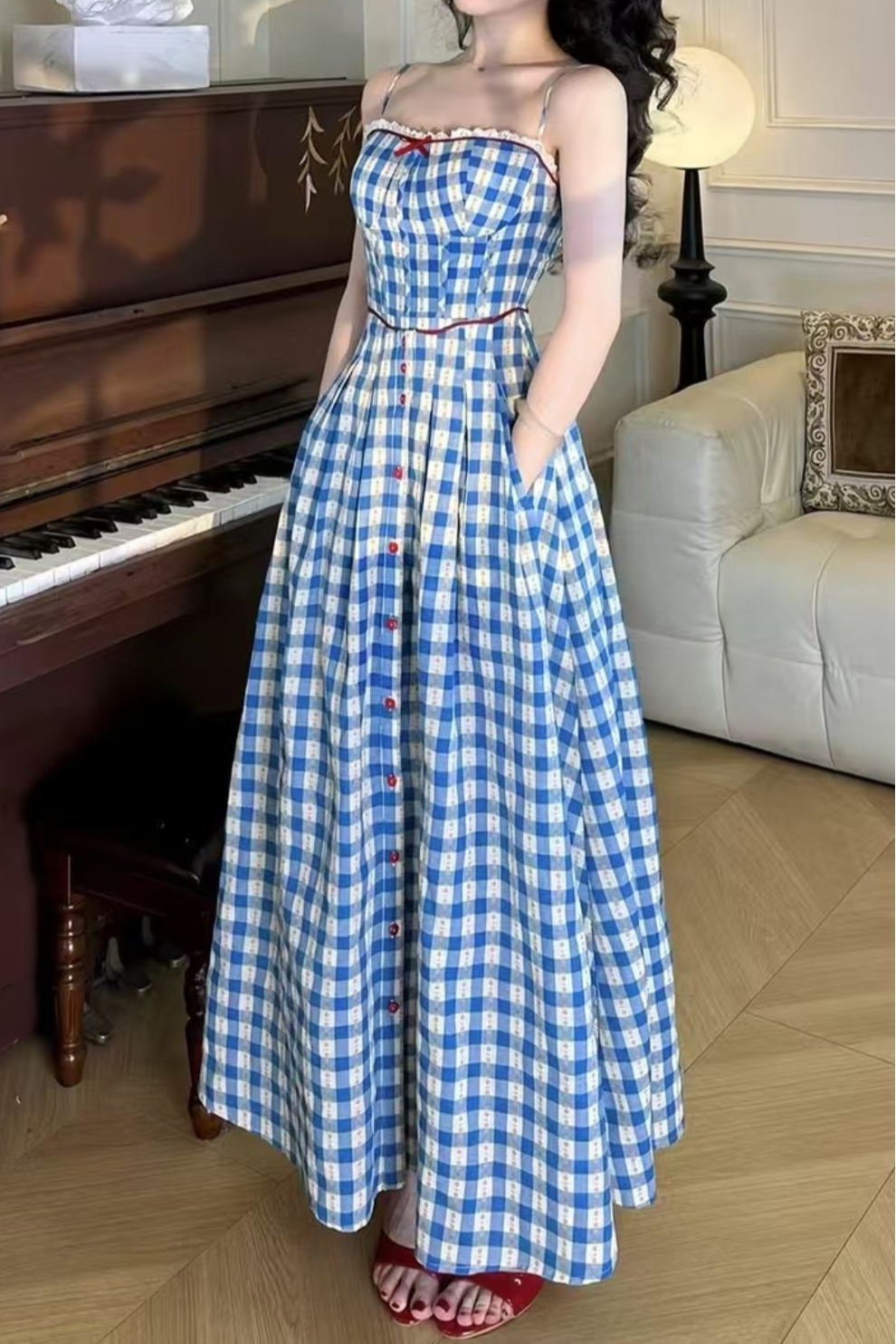 Plaid Strap Maxi Dress in Blue
