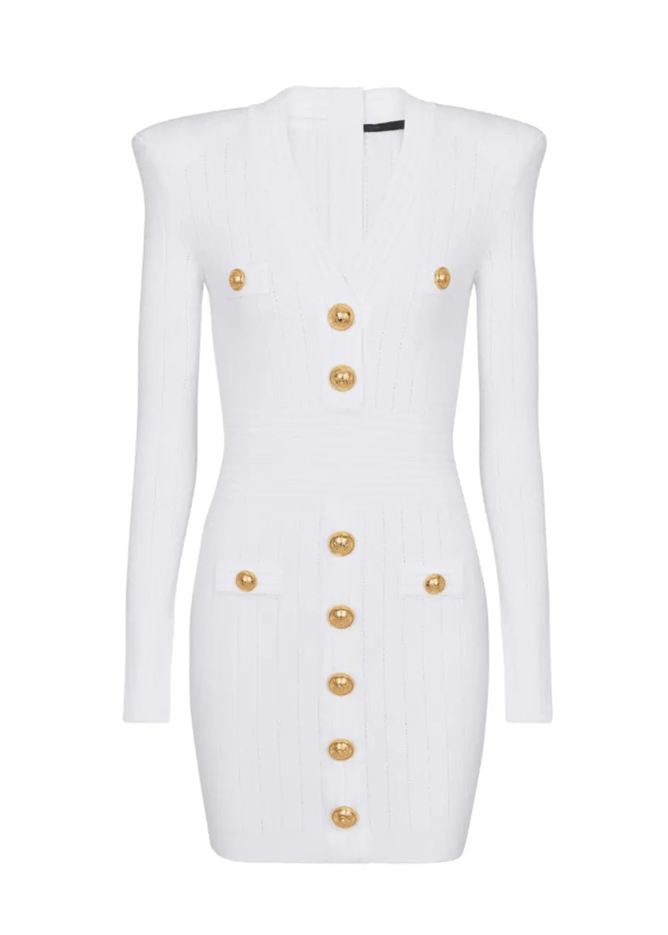 V-Neck Button-Detail Ribbed Mini Dress in White