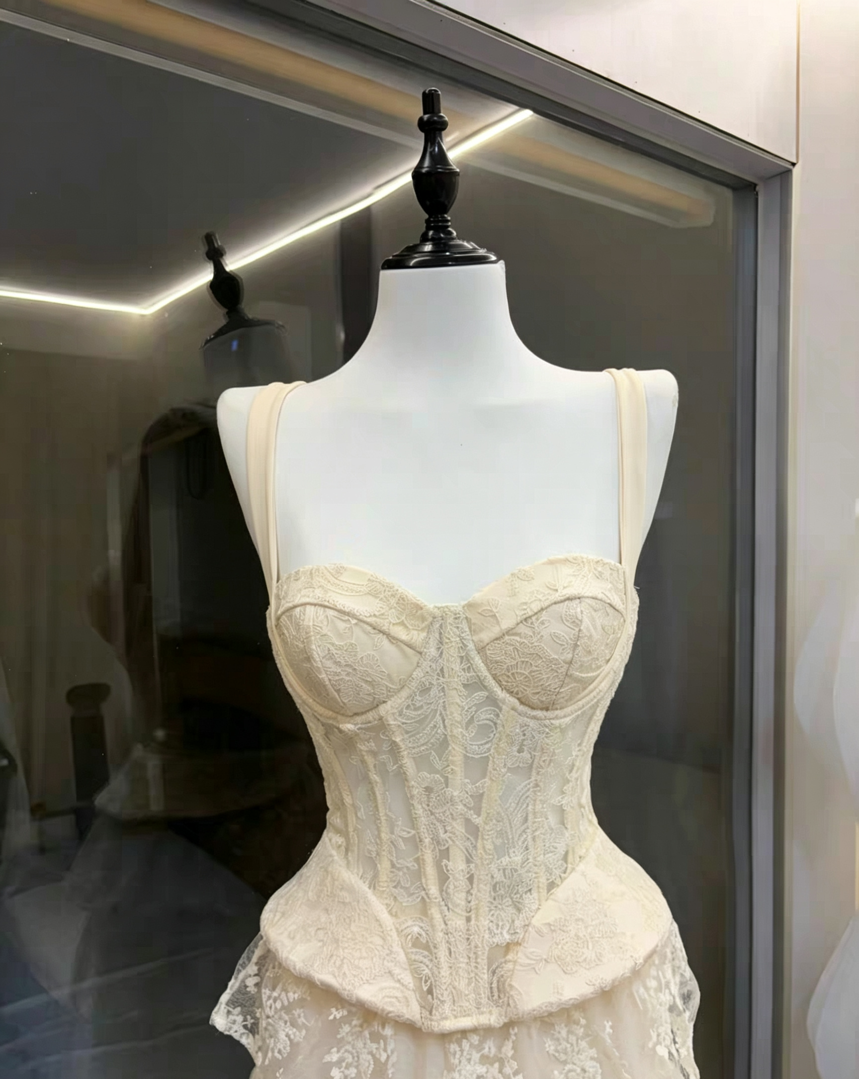 Wide Strap Lace Corset Peplum Top & High Low Lace Skirt Set