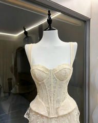 Wide Strap Lace Corset Peplum Top & High Low Lace Skirt Set