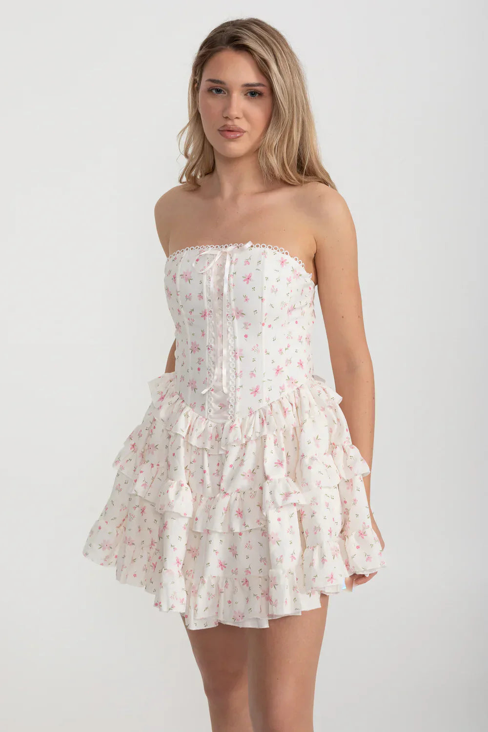 Ruffle Printed Mini Dress in Pink