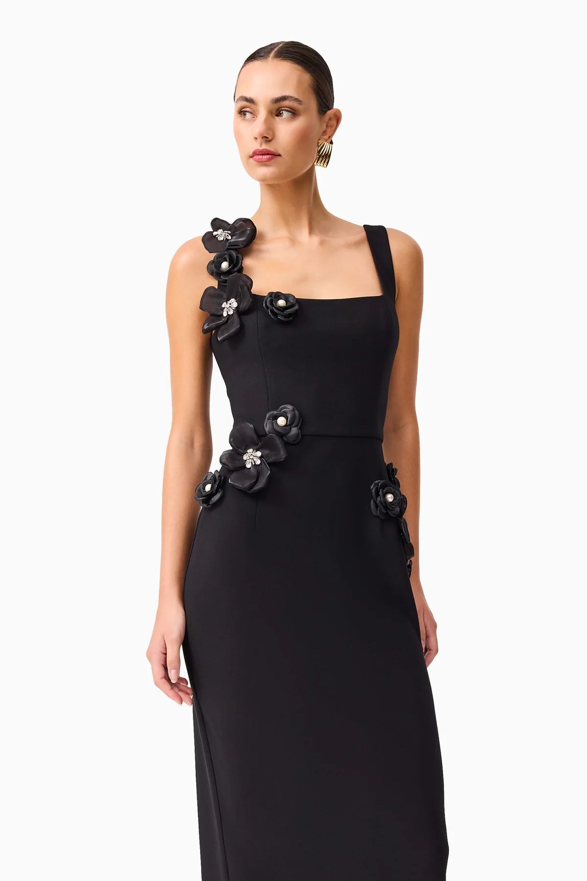 3D Flower Midi Dress in Black