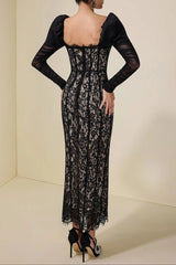 Lace Splicing Mesh Puff Sleeve Midi Dress in black