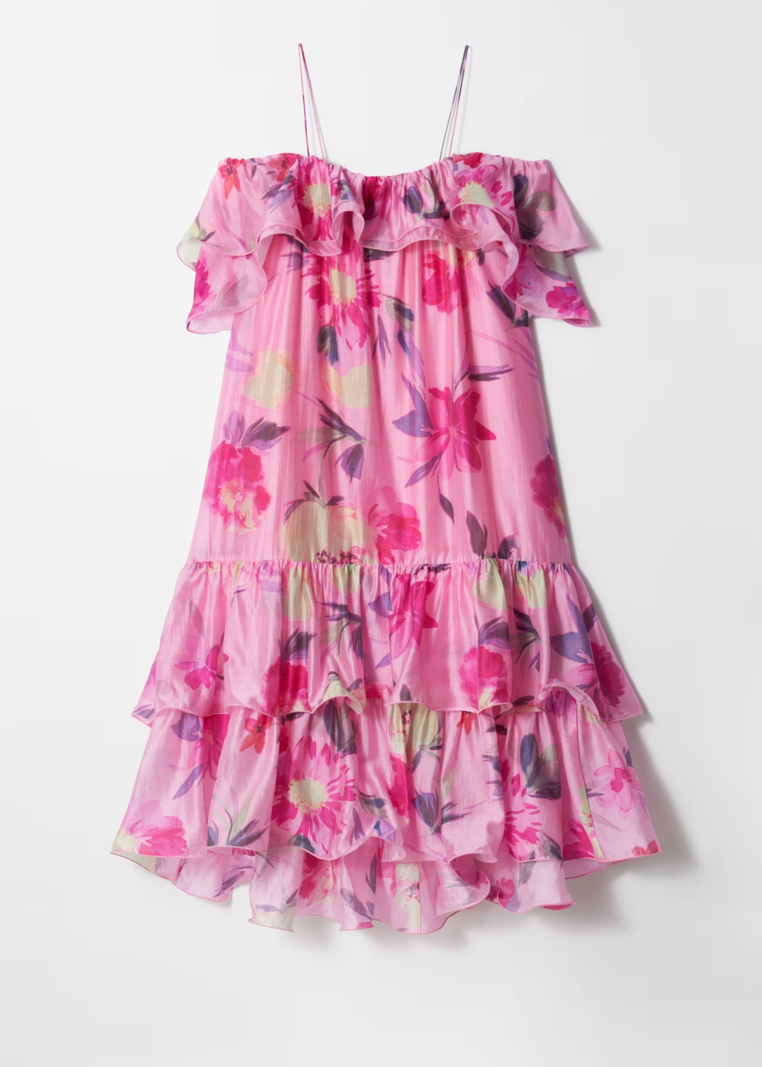 Off-Shoulder Floral Printed Ruffle Maxi Dress in Rose Red