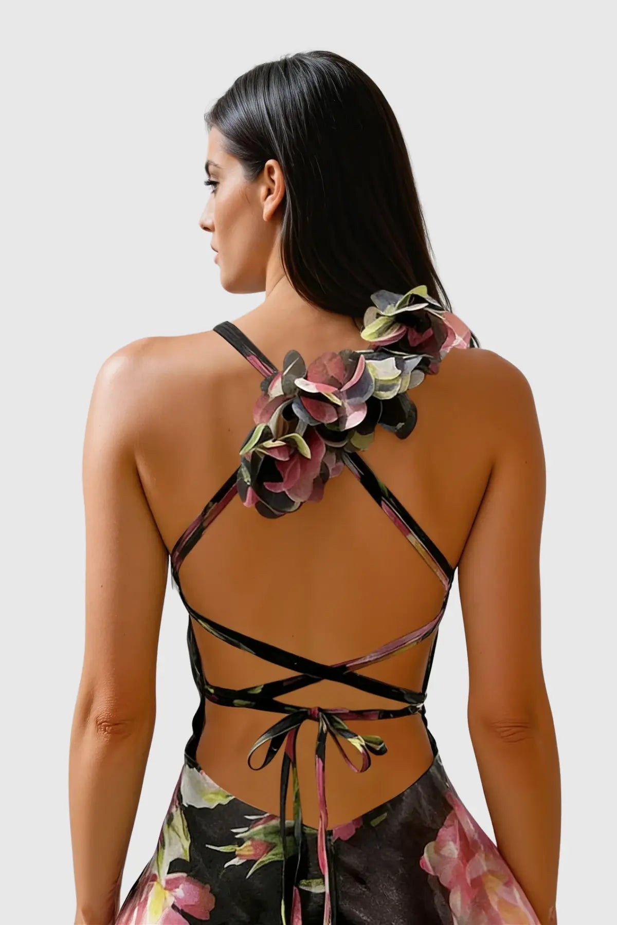 Floral Ruffle Mini Dress - Black