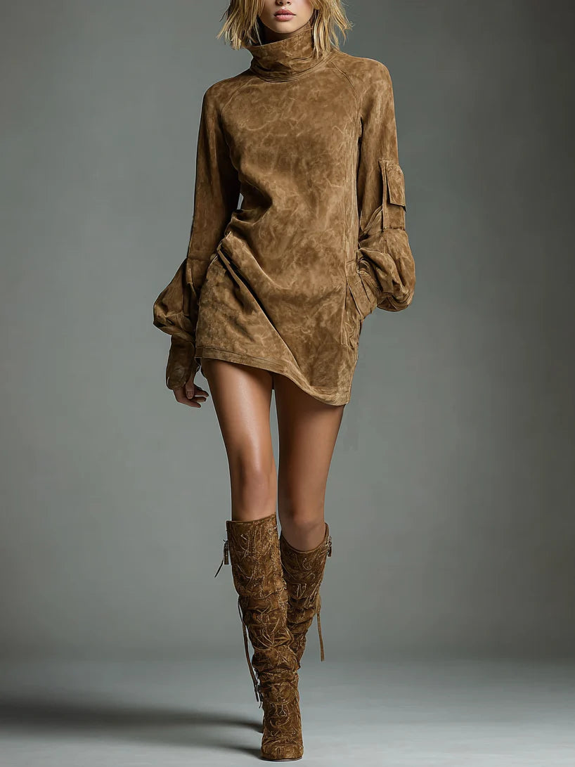 Sequin Turtleneck Mini Dress Made of Suede
