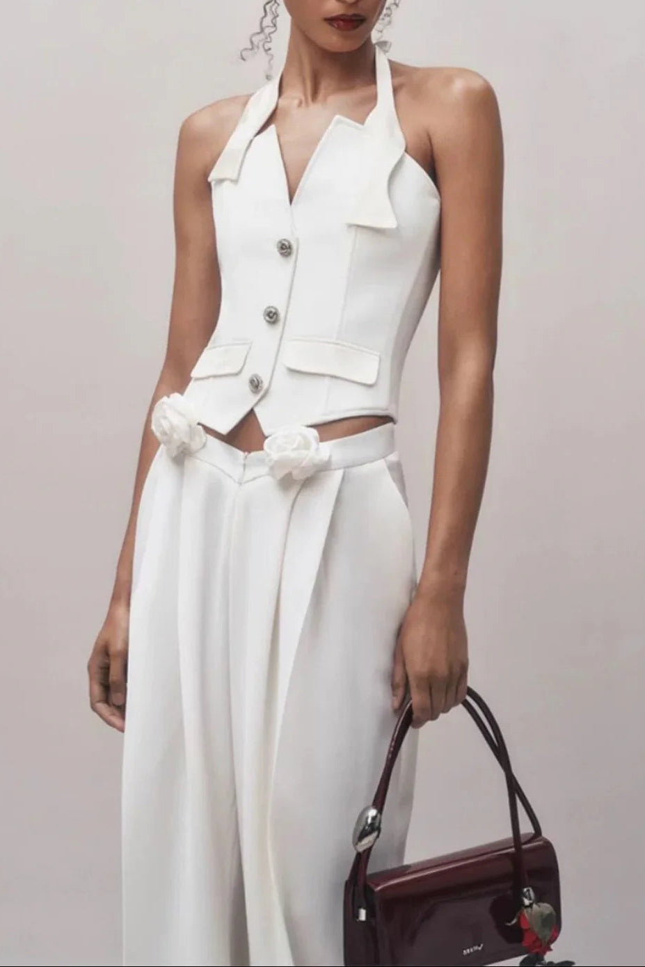 Halter Neck Vest Flower Embellished Pants Suit in Ivory