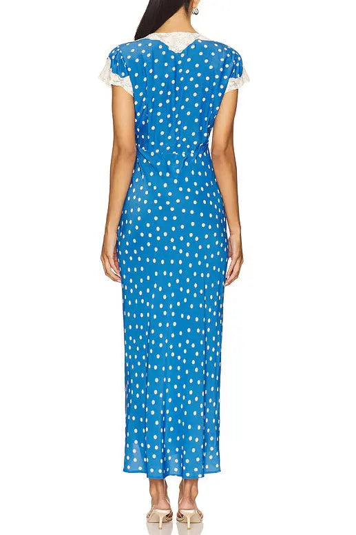 Lace-Trimmed V-Neck Maxi Dress in Blue