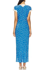 Lace-Trimmed V-Neck Maxi Dress in Blue