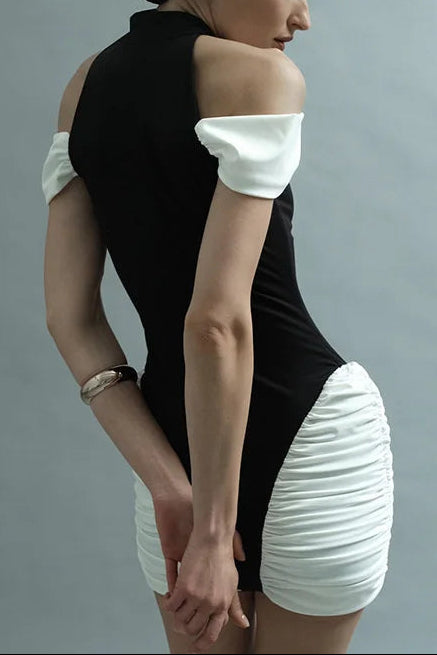 Black-White Sleeveless Halter Mini Dress