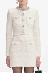Diamond-Embellished Cardigan Skirt Set in White