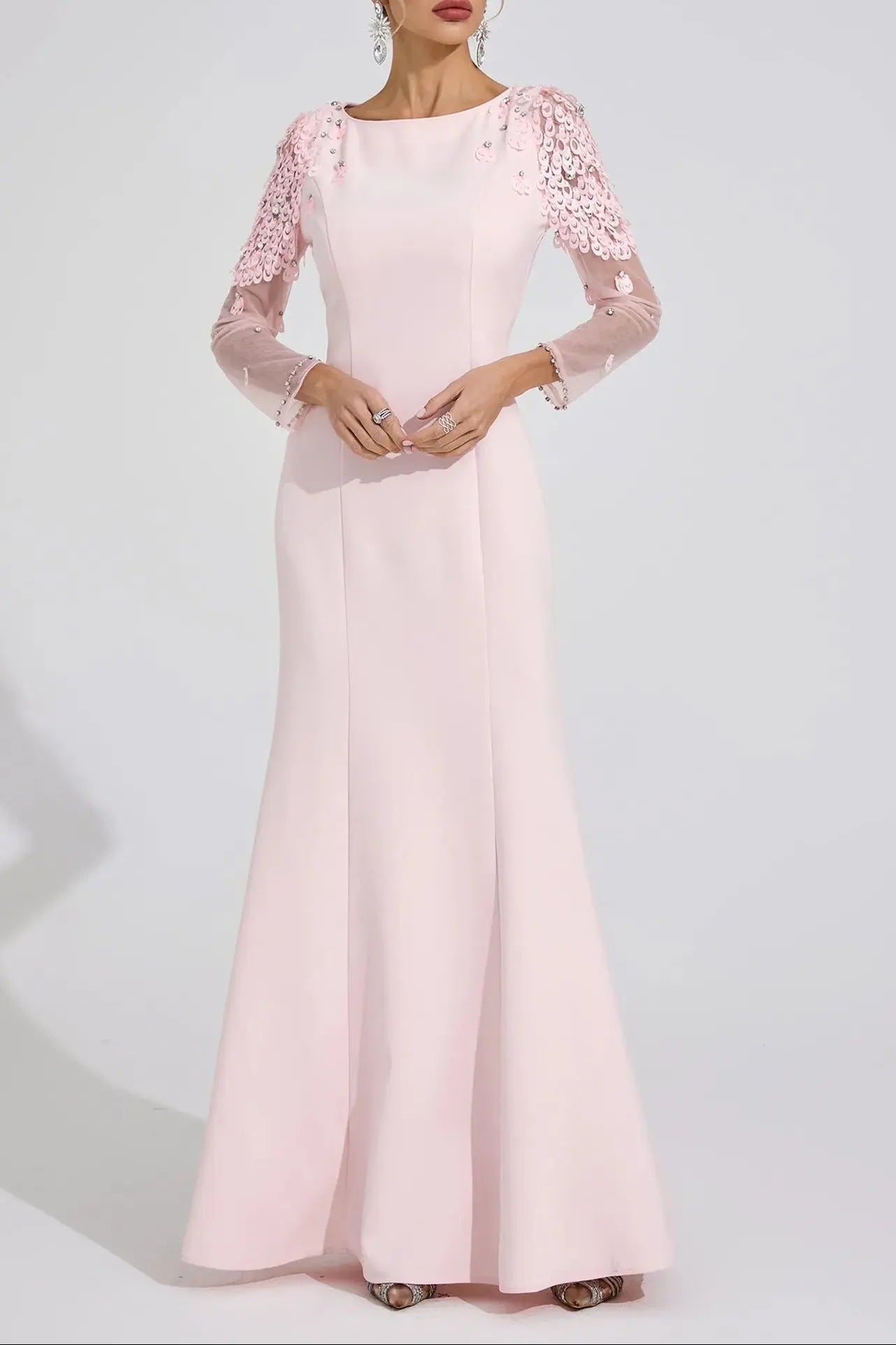 Pink Sequin Mesh Sleeve Maxi Dress