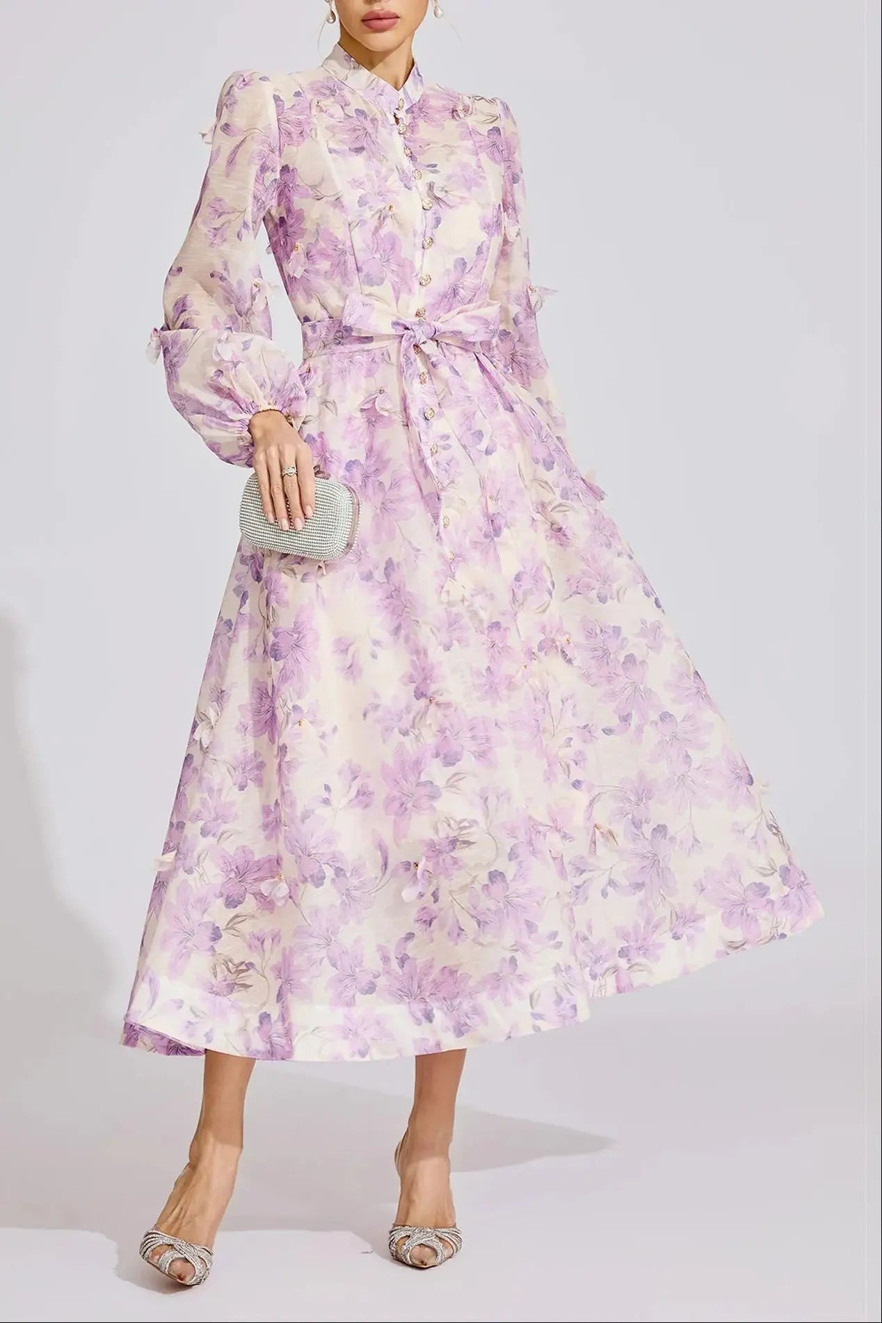 Floral Print Lantern Sleeve Maxi Dress in Purple