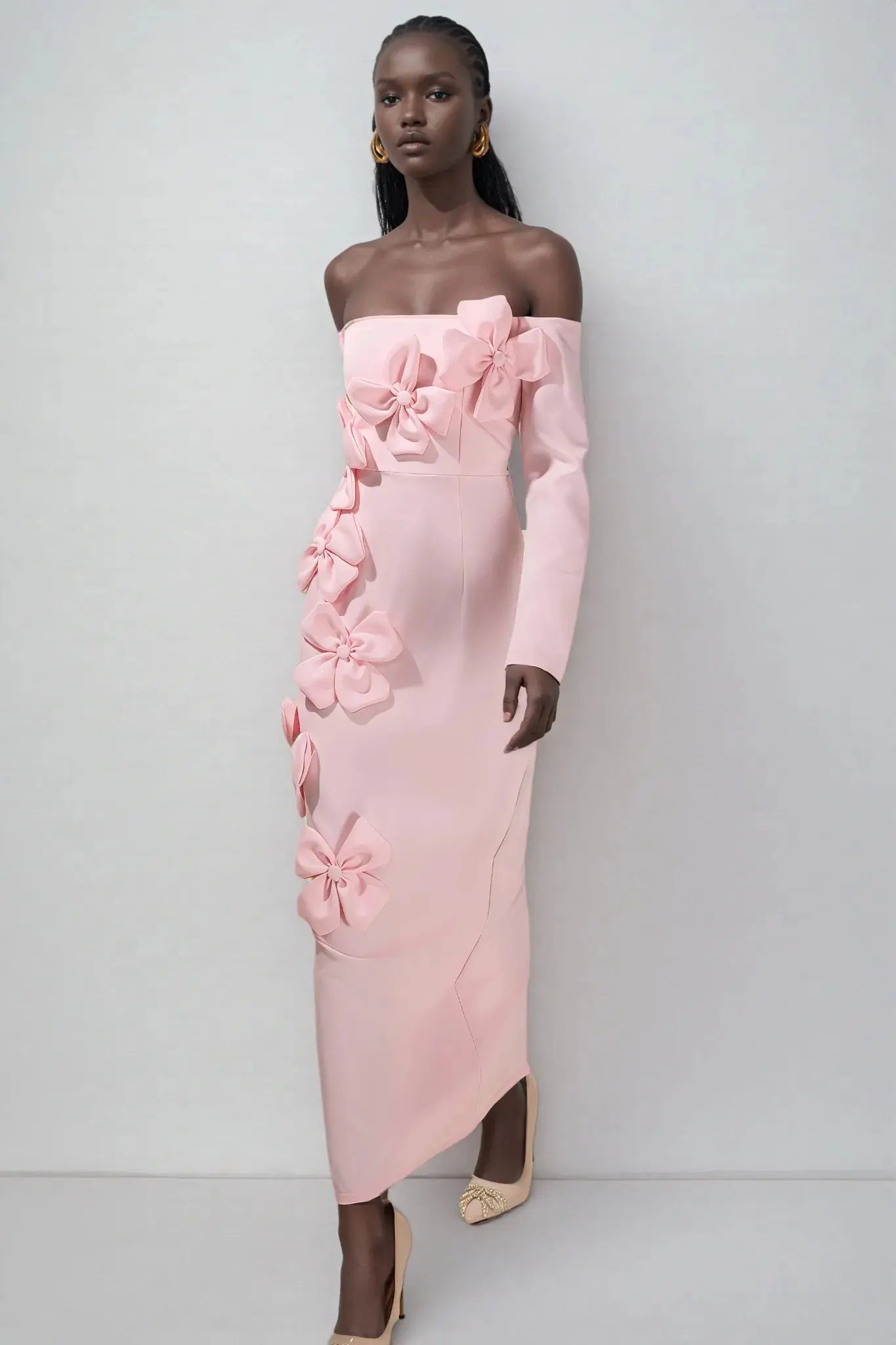Pink 3D Flower Long Sleeve Midi Dress
