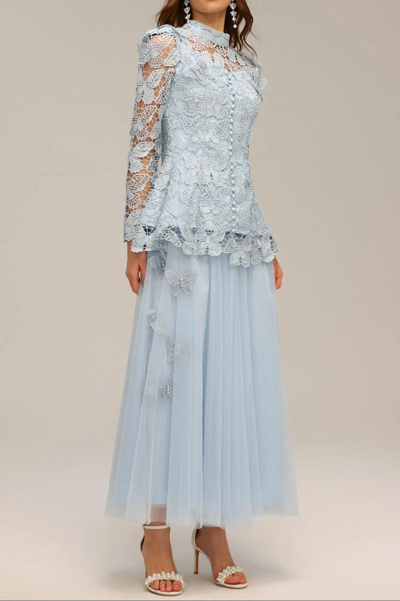 Blue Long Sleeve Folds Lace Top And Skirt Two-Piece Set