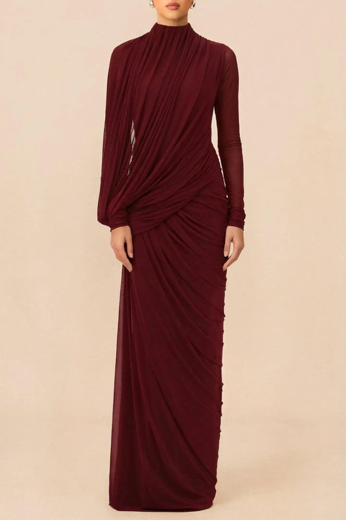 High Neck Drape Ruched Maxi Dress in Burgundy