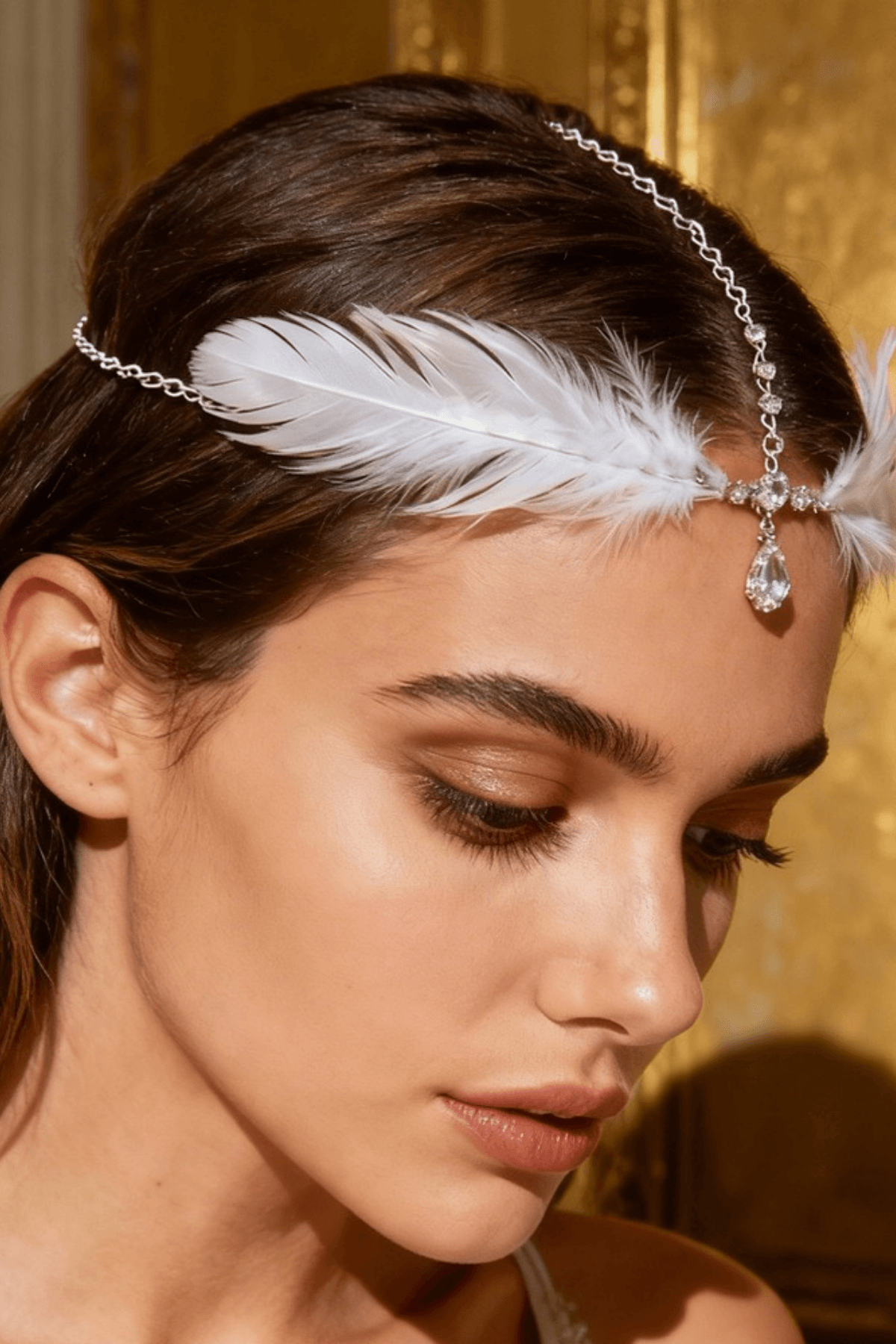 Boho White Feather Crystal Forehead Head Chain