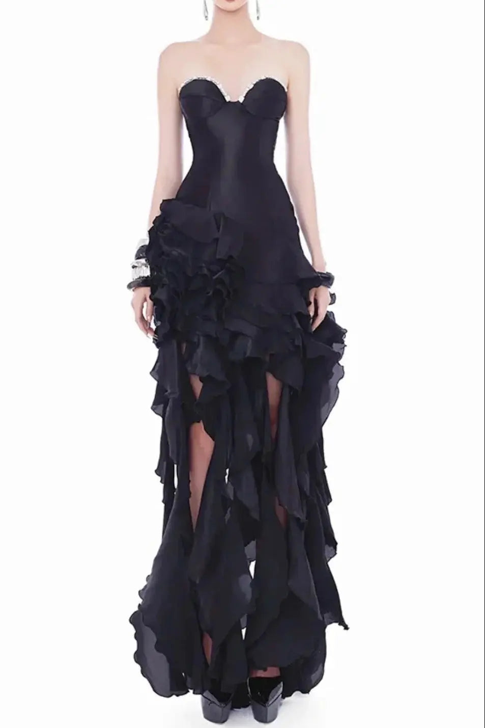 Ruffle Crystal Midi Dress in Black