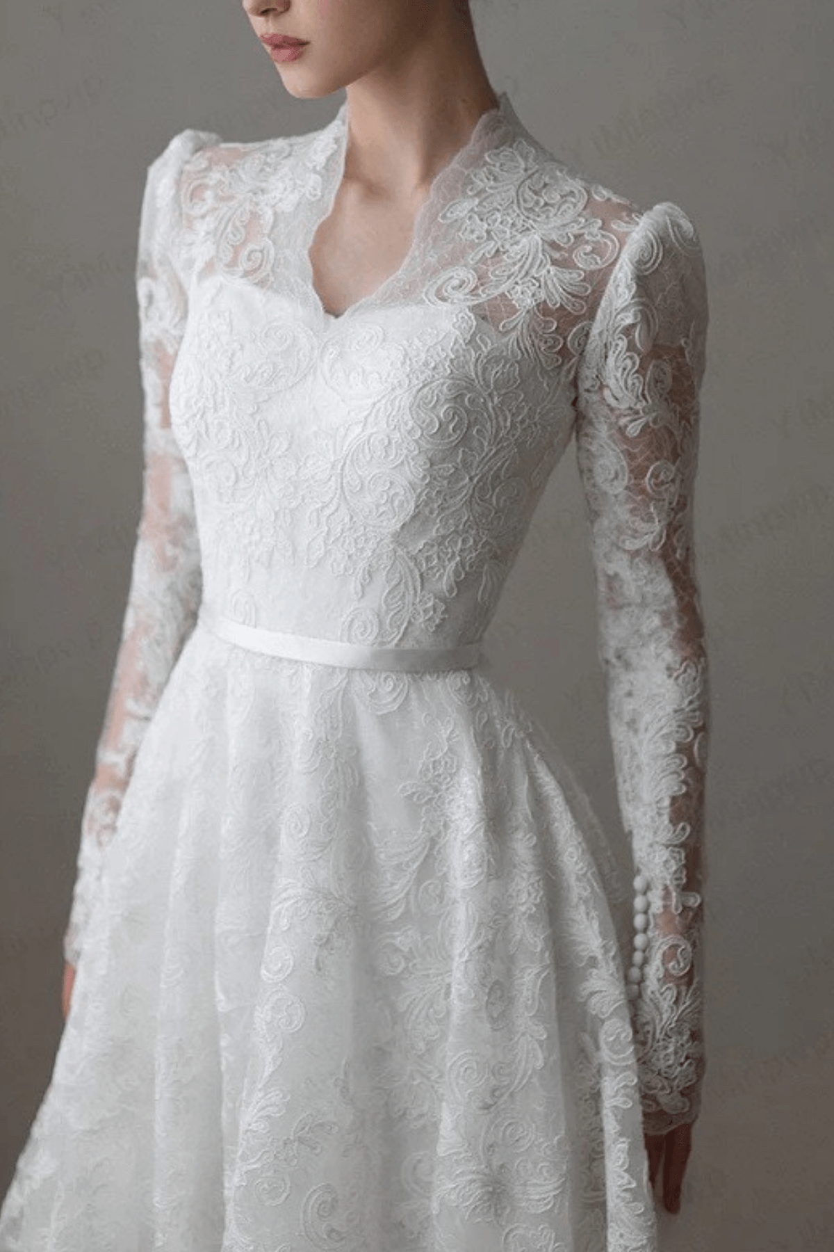 White Lace Long Sleeve Ball Gown Wedding Dress