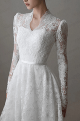 White Lace Long Sleeve Ball Gown Wedding Dress