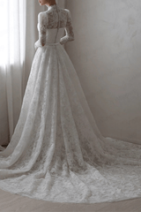 White Lace Long Sleeve Ball Gown Wedding Dress