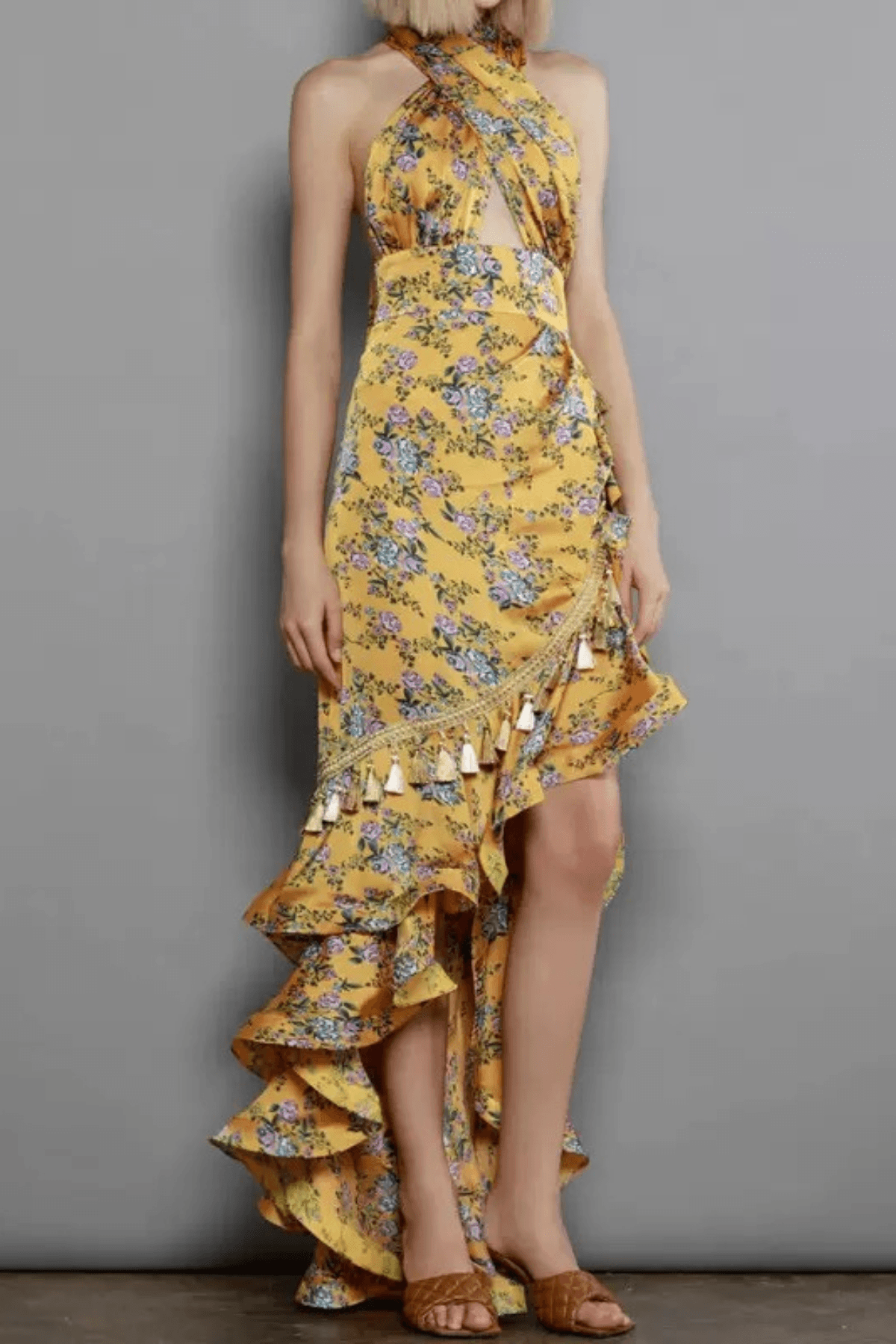 Yellow Floral Halter Neck Ruffle Maxi Dress