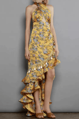 Yellow Floral Halter Neck Ruffle Maxi Dress