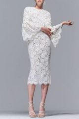 White Lace Midi Dress with Flare Sleeves