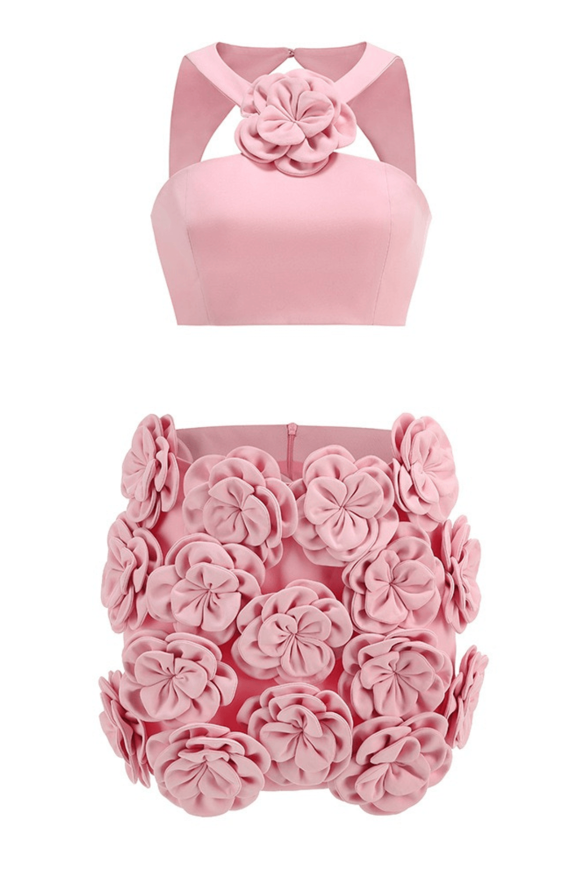 Pink Floral Embellished Crop Top Two Piece Dress