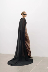Print Sequin Gown with Black Sheer Cape