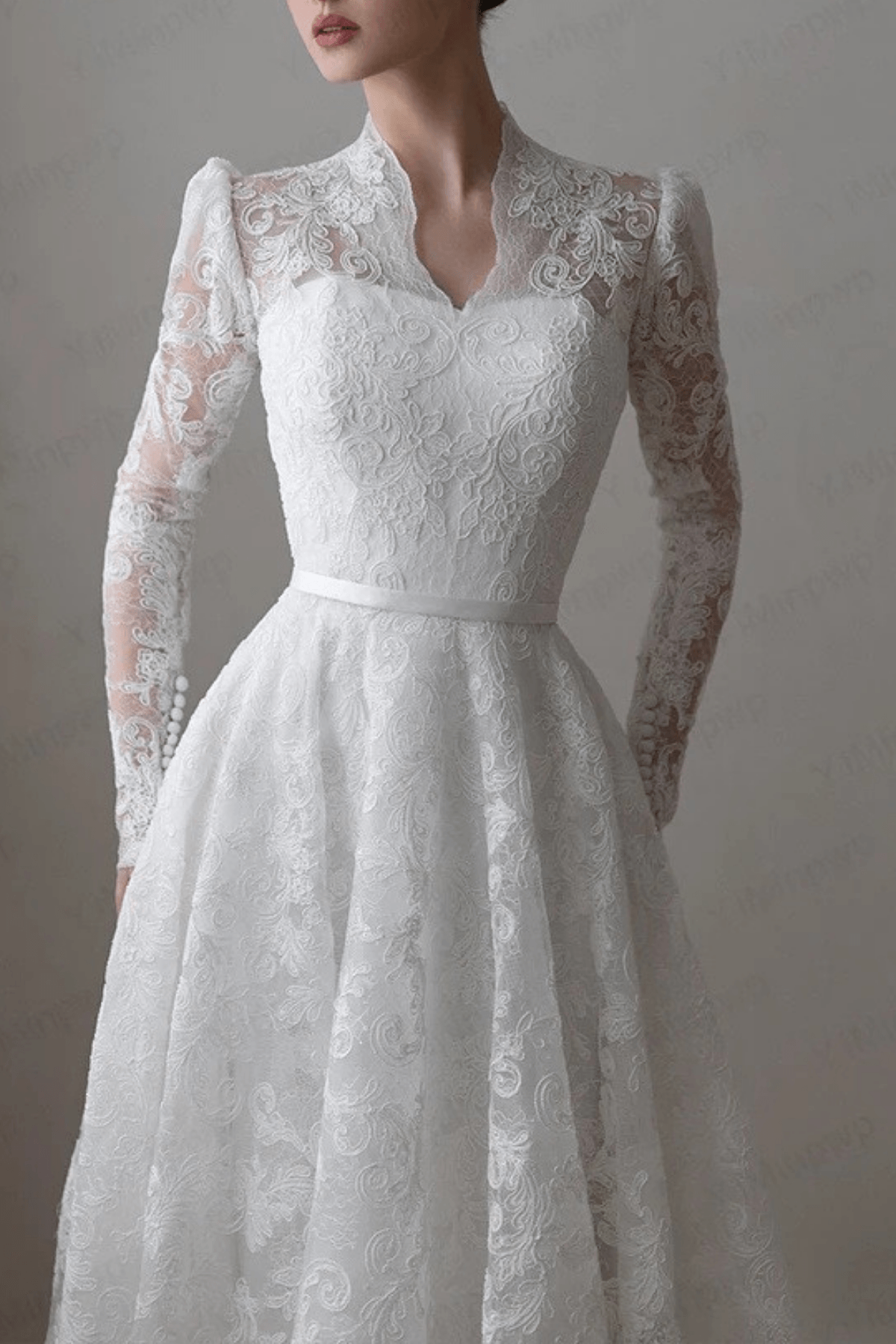 White Lace Long Sleeve Ball Gown Wedding Dress