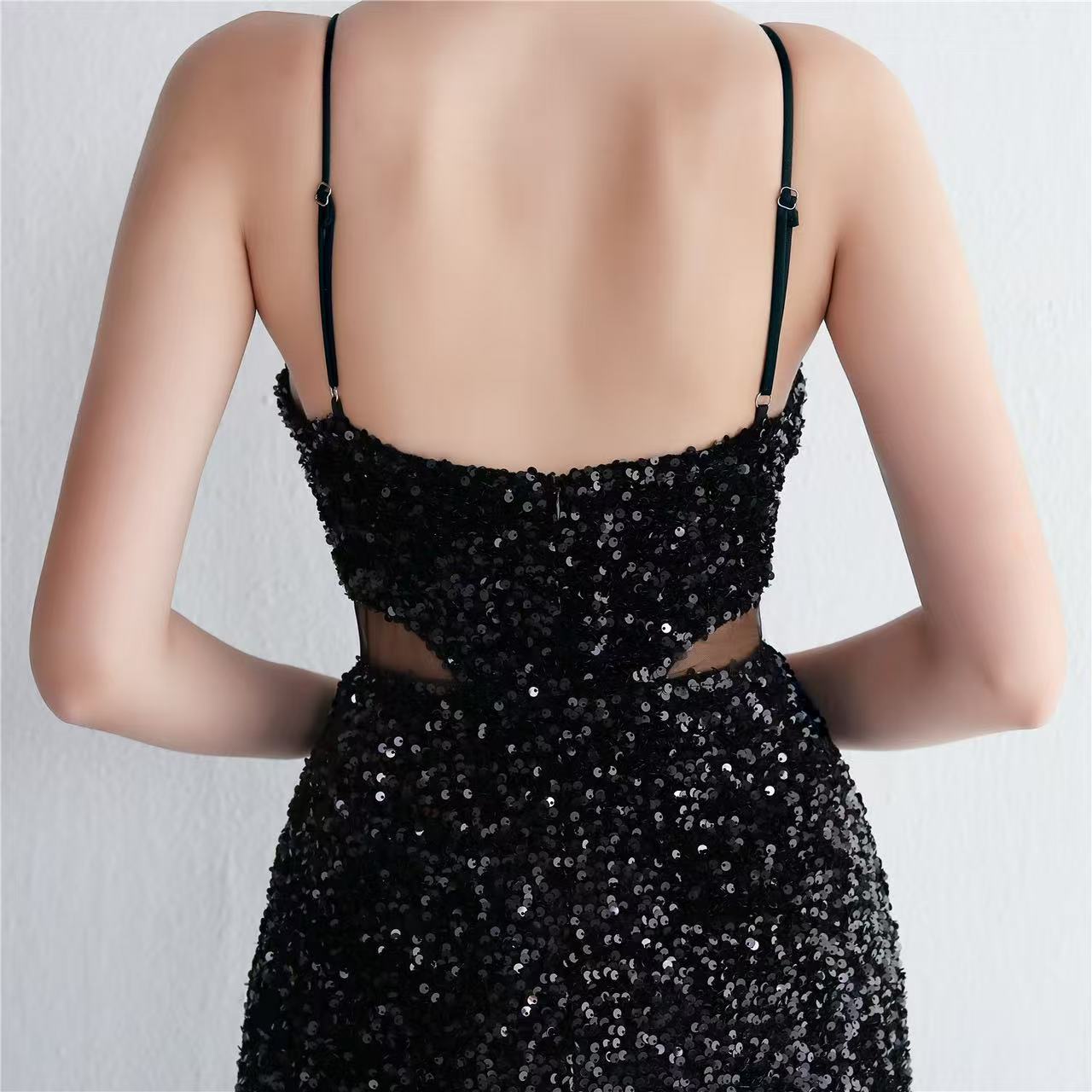 Black Cutout Sequins Halter Maxi Dress