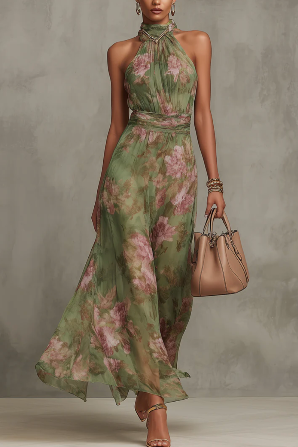 Green Floral Halter Maxi Dress