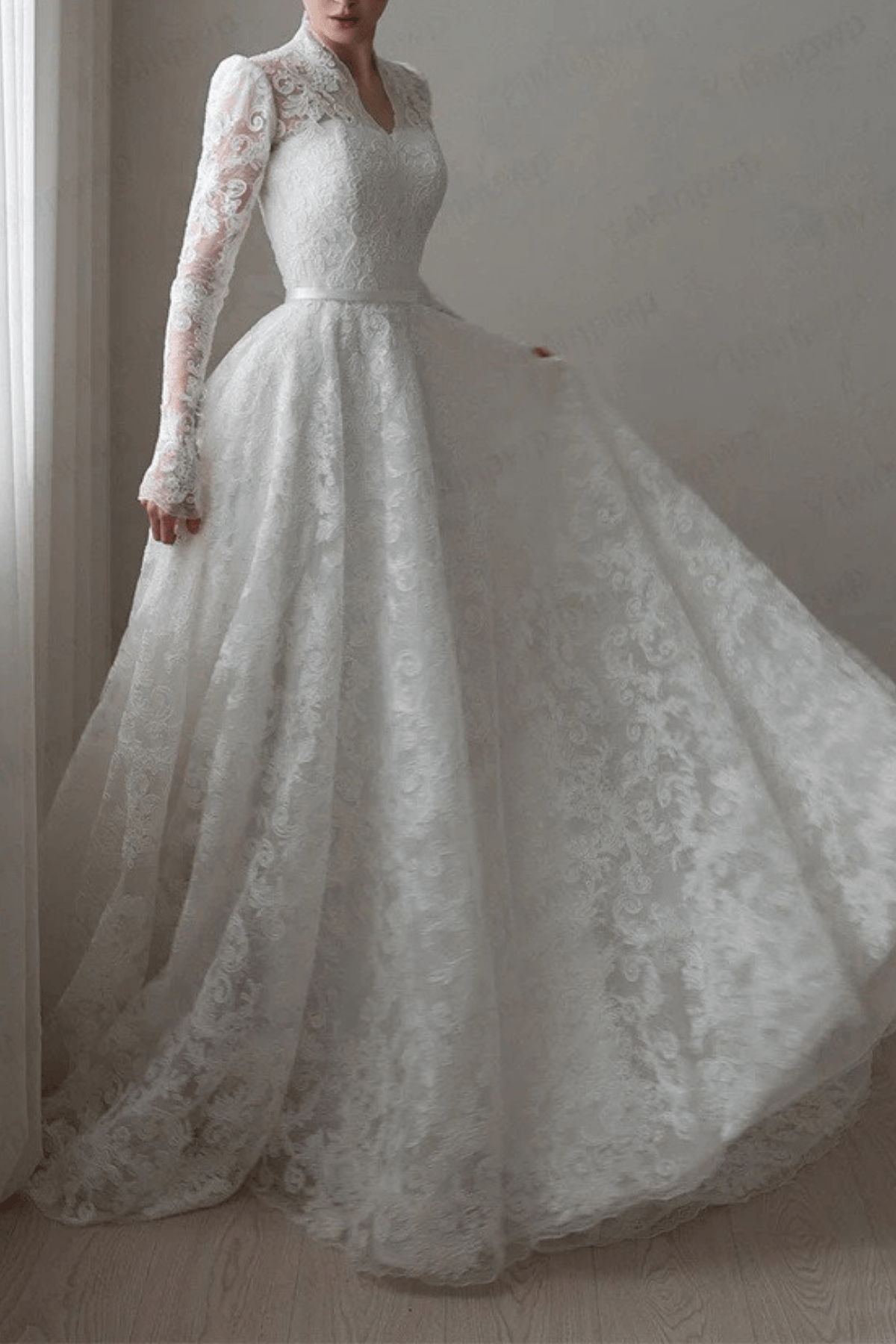White Lace Long Sleeve Ball Gown Wedding Dress