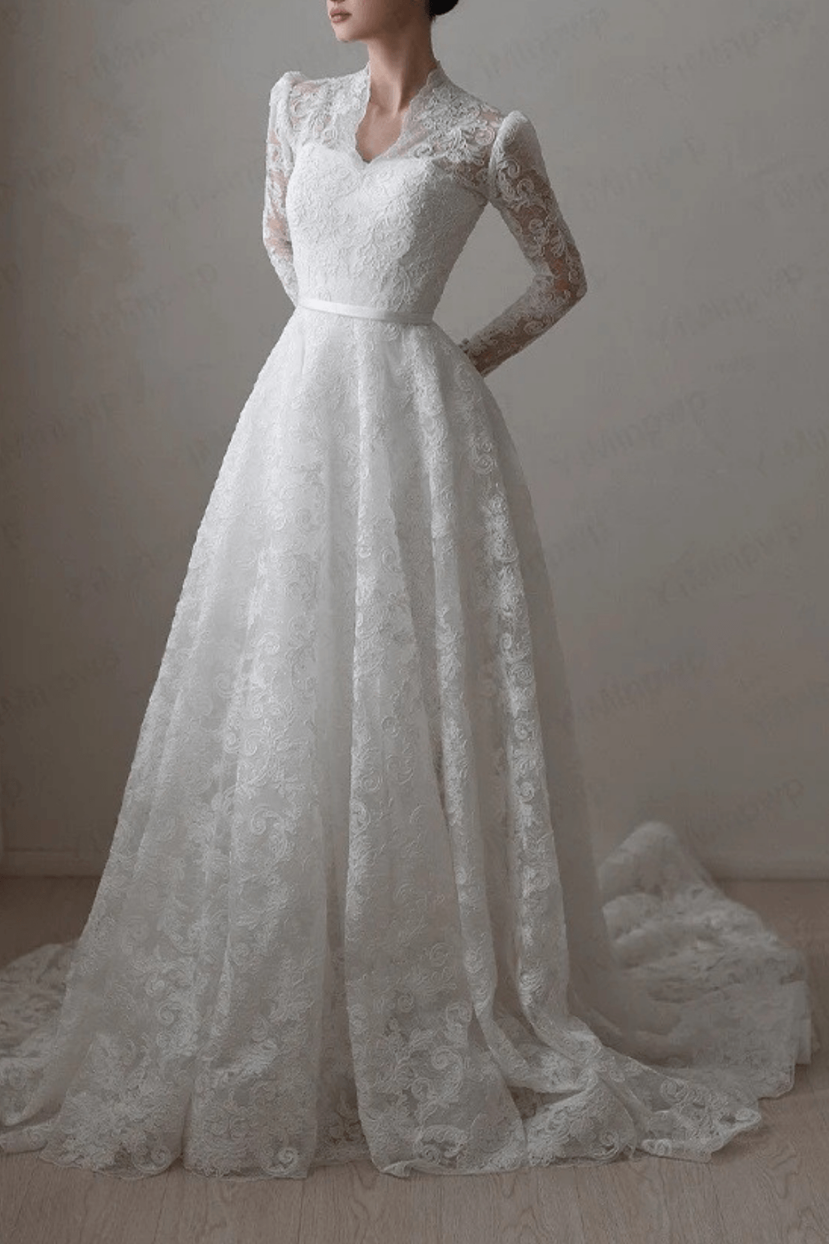 White Lace Long Sleeve Ball Gown Wedding Dress
