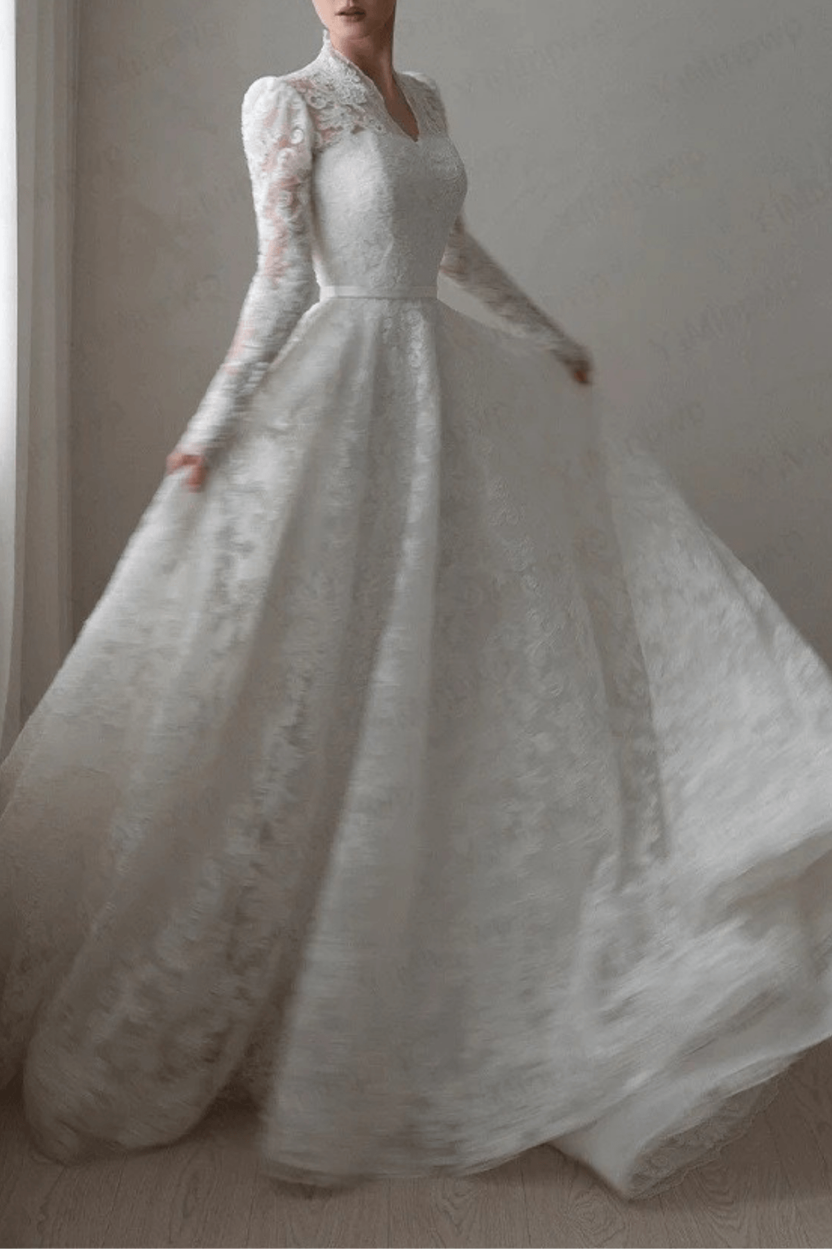 White Lace Long Sleeve Ball Gown Wedding Dress