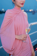 One Shoulder Pink Mesh Ruched Mini Dress