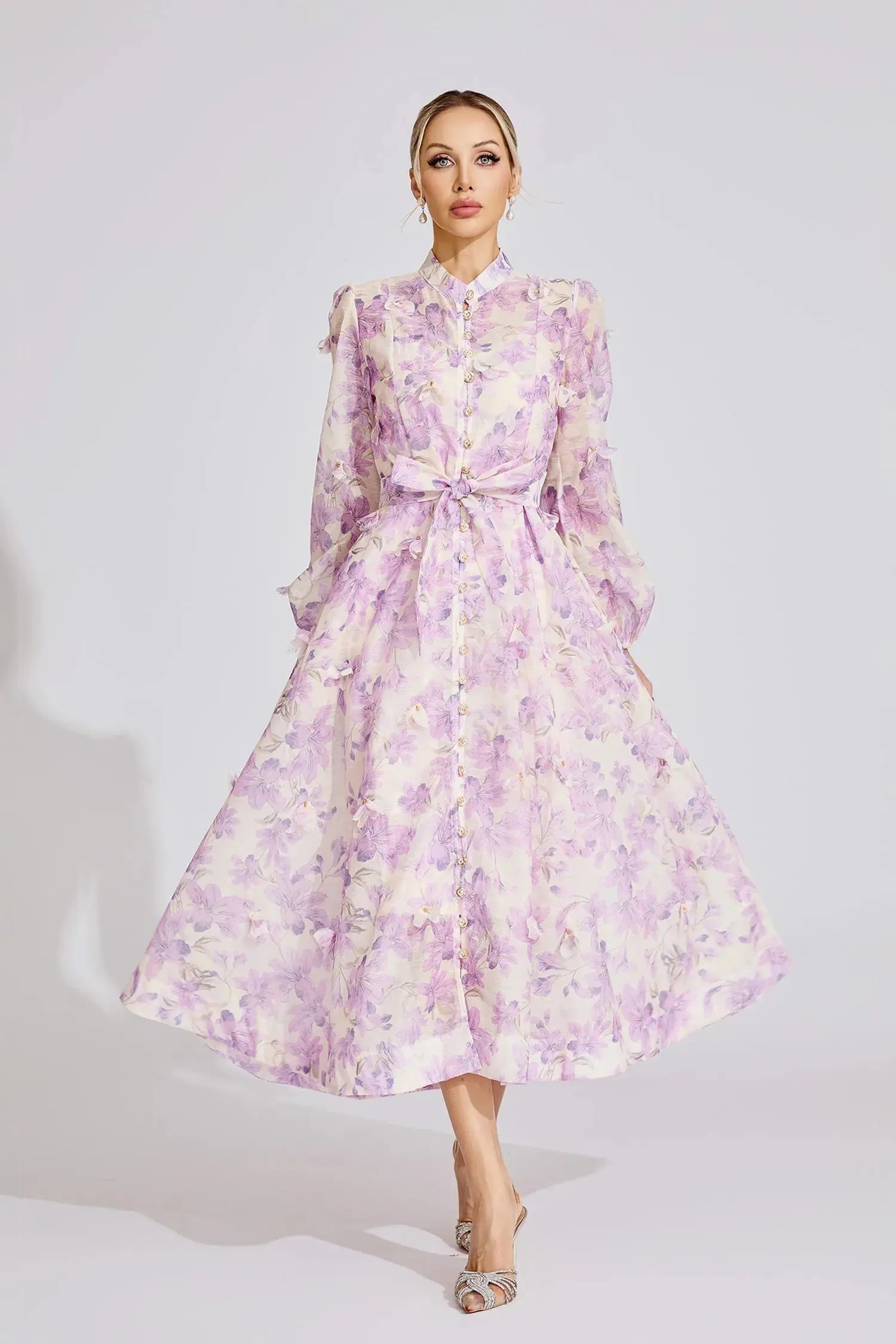 Floral Print Lantern Sleeve Maxi Dress in Purple