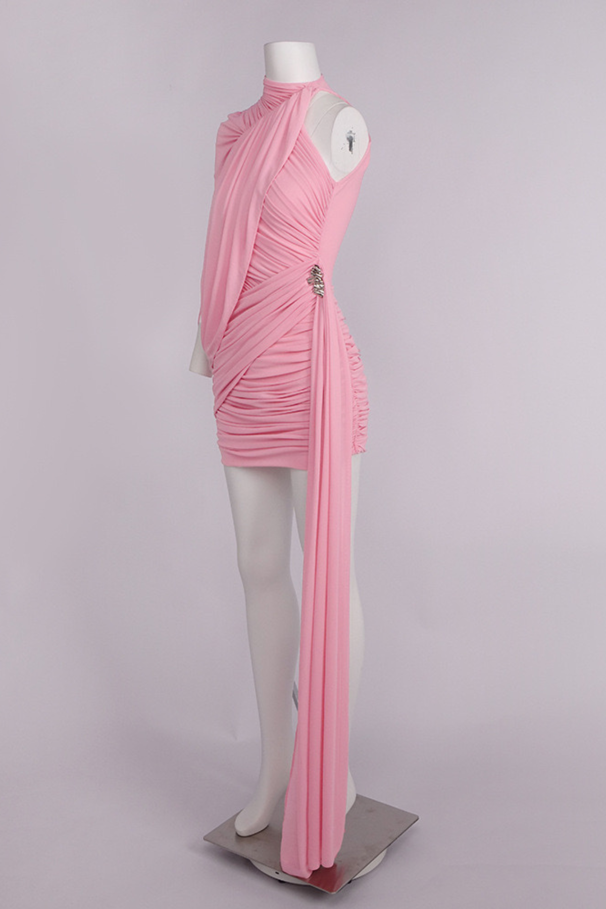 One Shoulder Pink Mesh Ruched Mini Dress