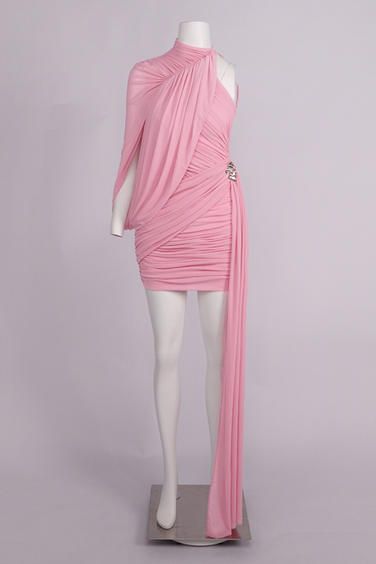 One Shoulder Pink Mesh Ruched Mini Dress