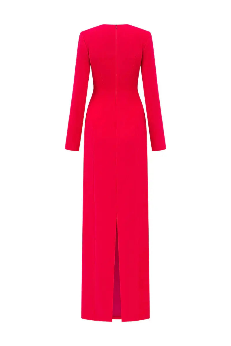 Red Padded Shoulder Crystal Embellished Straight Maxi Dress