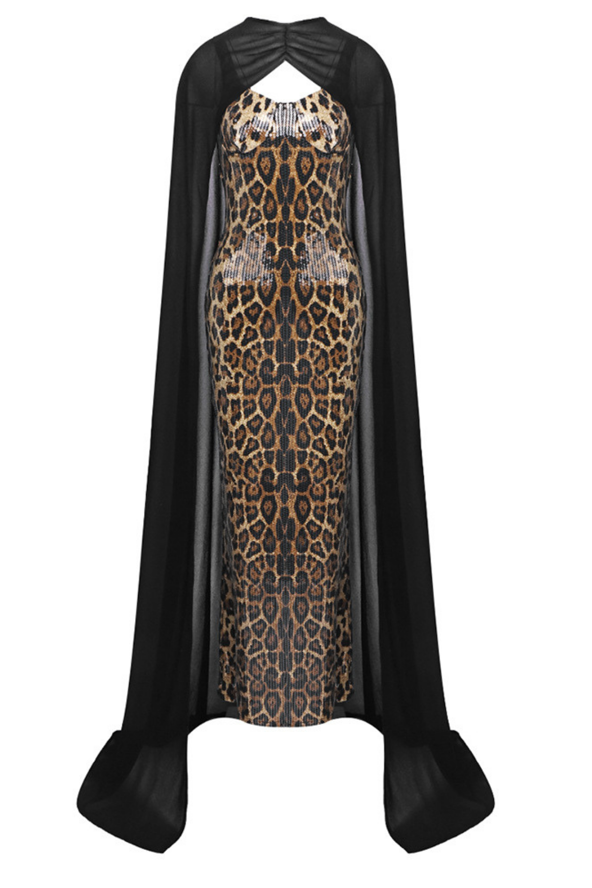 Print Sequin Gown with Black Sheer Cape